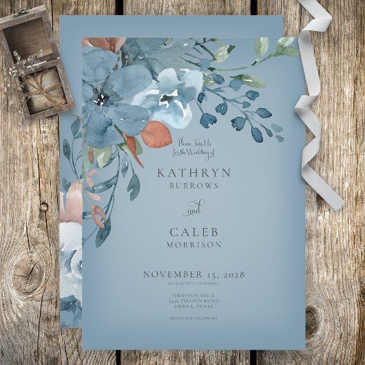 Boho Rust & Blue Floral Wedding Invitation Kaart