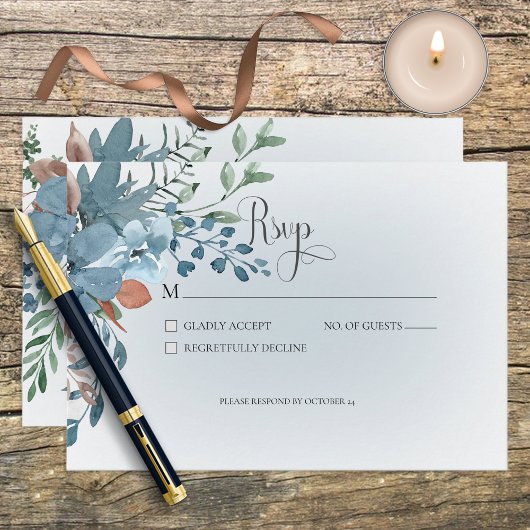 Boho Rust & Blue Floral Wedding Response Kaart