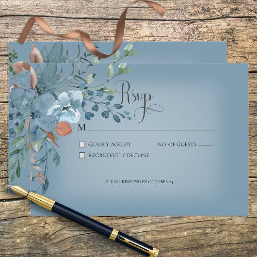 Boho Rust & Blue Floral Wedding Response Kaart