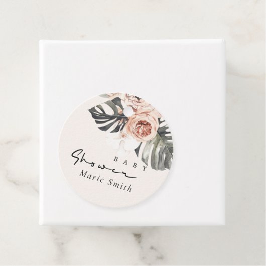 BOHO RUST BLUSH MONSTERA FLORAL BABY SHOWER BEDANKJES LABELS (In situ)