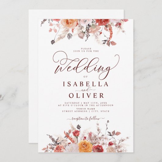 Boho Rust Burnt Oranje Terracotta Marsala Wedding Kaart (Voorkant / Achterkant)