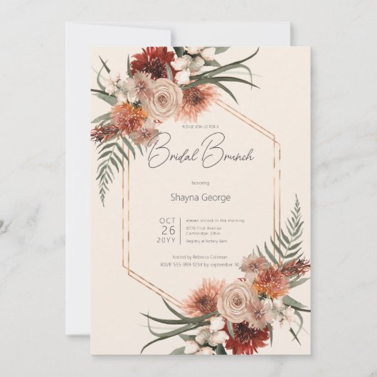 Boho Rust & Cream Herfst Bloemen Bruidsbrunch Kaart (Voorkant)