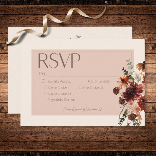 Boho Rust & Cream Herfst Bloemen Drie Diner RSVP Kaartje