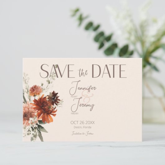 Boho Rust & Cream Herfst Bloemen Save The Date (Staand voorkant)