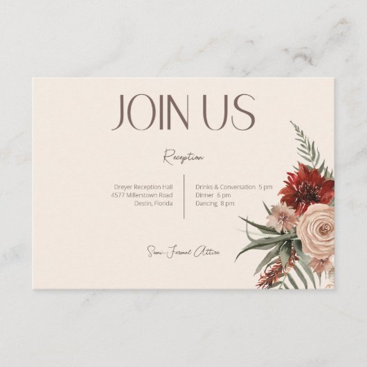 Boho Rust & Cream Herfst Bloemenontvangst Informatiekaartje (Voorkant)