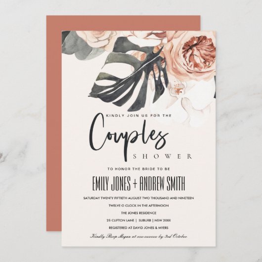 BOHO RUST FLORAL MONSTRERA COUPLES SHOWER INVITE BEDANKKAART (Voorkant / Achterkant)