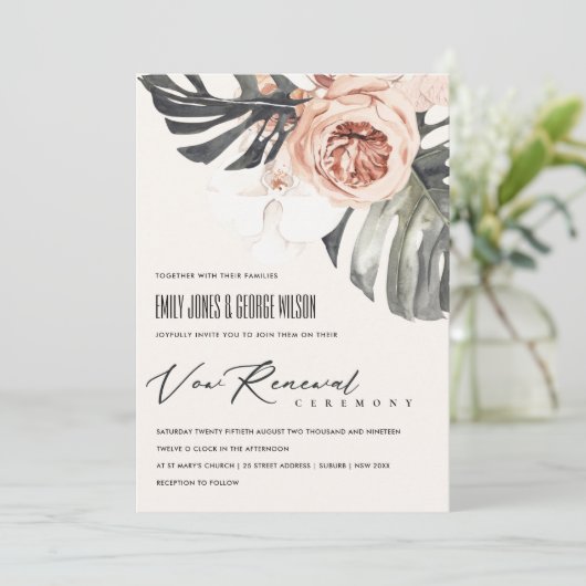 BOHO RUST FLORAL MONSTRERA LEAF VOW RENEWAL INVITE BEDANKKAART (Staand voorkant)