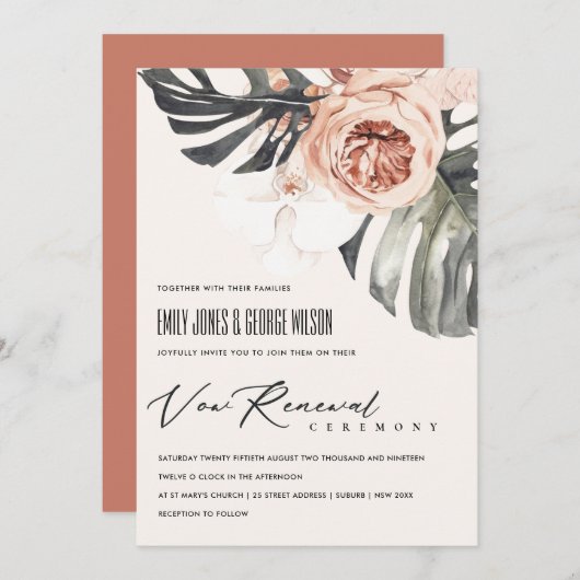 BOHO RUST FLORAL MONSTRERA LEAF VOW RENEWAL INVITE BEDANKKAART (Voorkant / Achterkant)