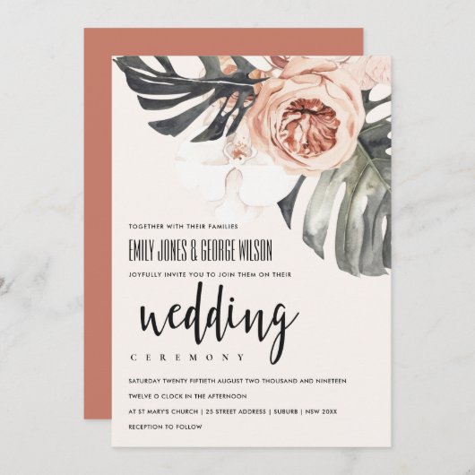 BOHO RUST FLORAL MONSTRERA LEAF WEDDING INVITE BEDANKKAART (Voorkant / Achterkant)