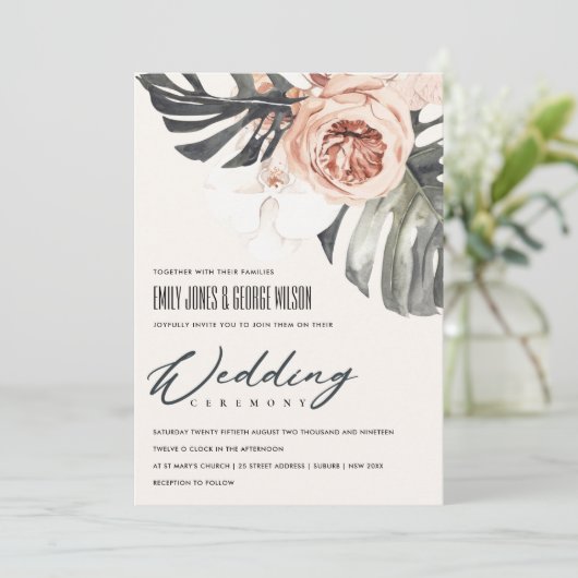 BOHO RUST FLORAL MONSTRERA LEAF WEDDING INVITE BEDANKKAART (Staand voorkant)
