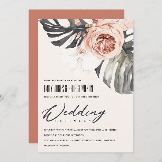 BOHO RUST FLORAL MONSTRERA LEAF WEDDING INVITE BEDANKKAART (Voorkant / Achterkant)