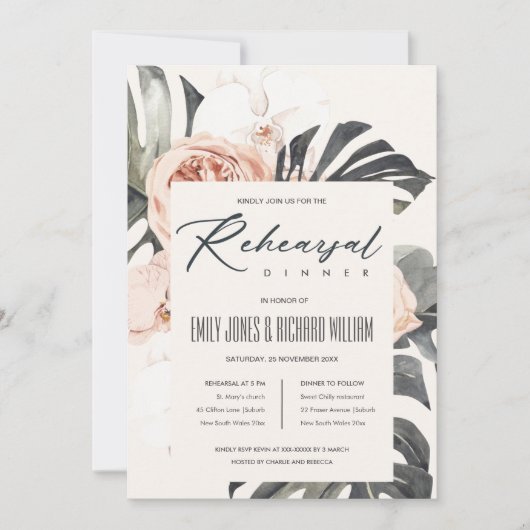 BOHO RUST FLORAL MONSTRERA REHERSAL DINNER INVITE BEDANKKAART (Voorkant)
