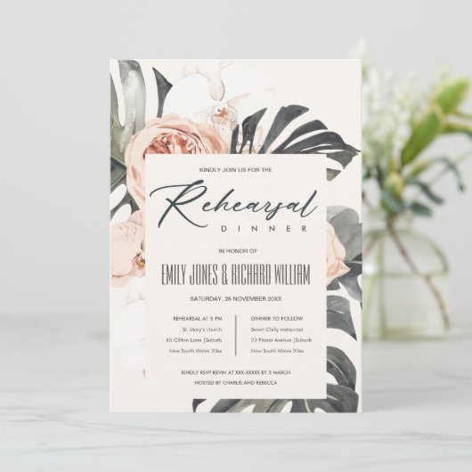 BOHO RUST FLORAL MONSTRERA REHERSAL DINNER INVITE BEDANKKAART (Staand voorkant)