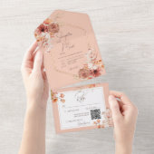 Boho Rust Herfst Floral op Peach QR Code All In One Uitnodiging (Afscheurbaar)