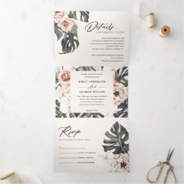 BOHO RUST MONSTERA FLORAL WATERVERF WEDING DRIELUIK UITNODIGING