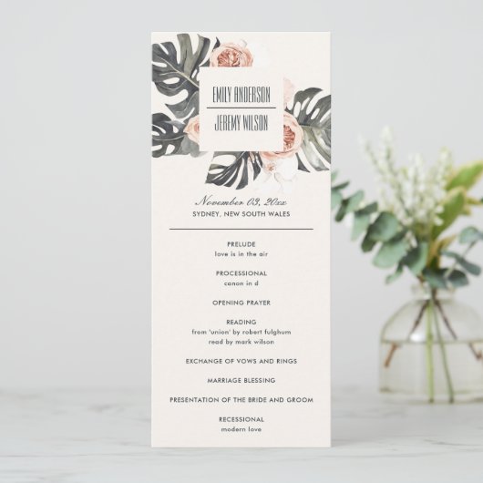 BOHO RUST MONSTERA FLORAL WEDDING CEREMONY PROGRAM MENU (Staand voorkant)