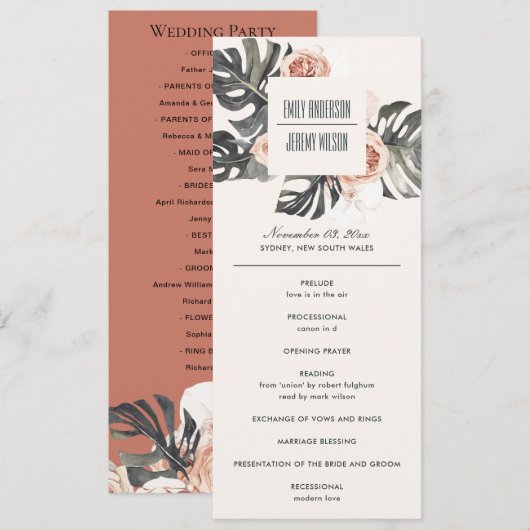 BOHO RUST MONSTERA FLORAL WEDDING CEREMONY PROGRAM MENU (Voorkant / Achterkant)