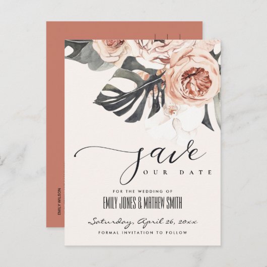 BOHO RUST MONSTERA WATERVERF FLORI DE DATUM SAVE AANKONDIGINGSKAART (Voorkant / Achterkant)