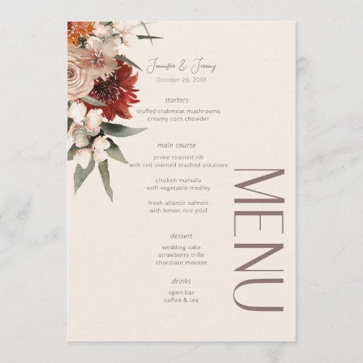 Boho Rust & Neutral Cream Herfst Bloemen Huwelijk Menu (Voorkant)