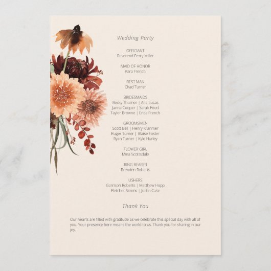 Boho Rust & Neutral Cream Herfst Bloemen Programmakaart (Achterkant)
