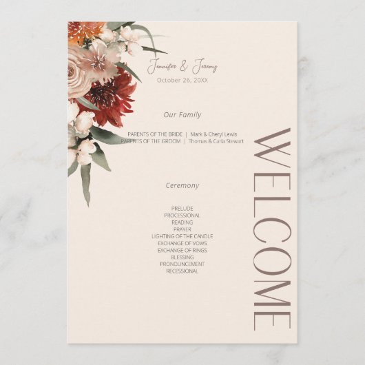 Boho Rust & Neutral Cream Herfst Bloemen Programmakaart (Voorkant)