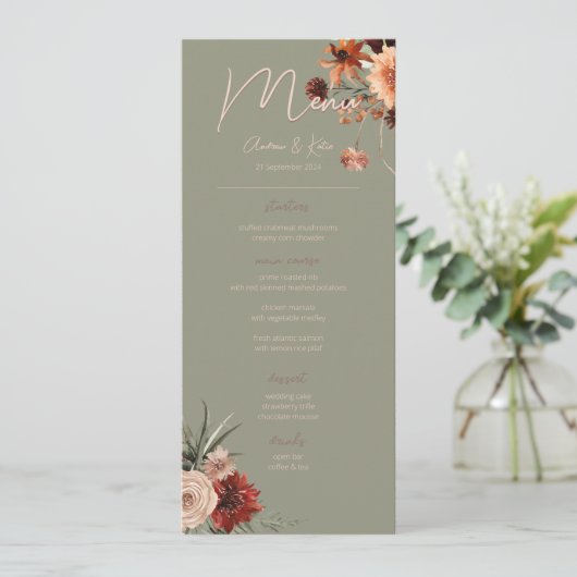 Boho Rust & Neutral Herfst Bloemen Groen Bruiloft Menu (Staand voorkant)