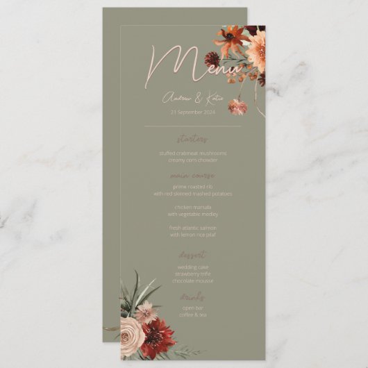 Boho Rust & Neutral Herfst Bloemen Groen Bruiloft Menu (Voorkant / Achterkant)
