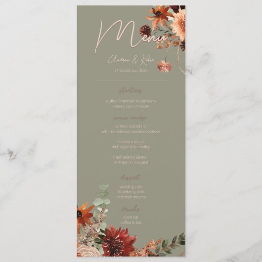 Boho Rust & Neutral Herfst Bloemen Groen Bruiloft  Menu (Voorkant)