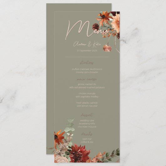 Boho Rust & Neutral Herfst Bloemen Groen Bruiloft  Menu (Voorkant / Achterkant)