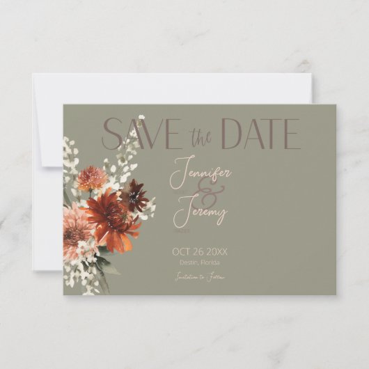 Boho Rust & Neutral Herfst Bloemen Salie Groen Bru Save The Date (Voorkant)