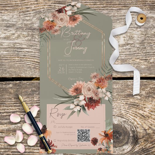 Boho Rust & Neutral Herfst Bloemen Salie Groen QR  All In One Uitnodiging