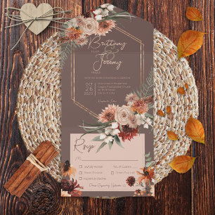 Boho Rust & Neutrale Herfst Floral Brown Dinner All In One Uitnodiging