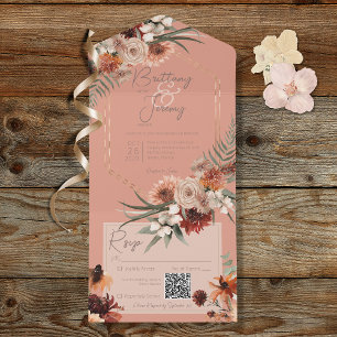 Boho Rust & Neutrale Herfst Floral Peach Rust QR C All In One Uitnodiging