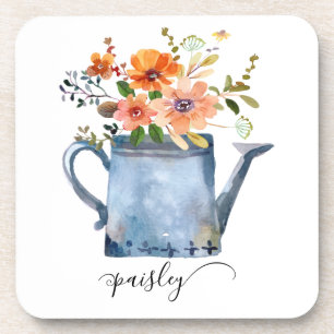 Boho Rust Orange Watercolor Flowers Watering Can Bier Onderzetter