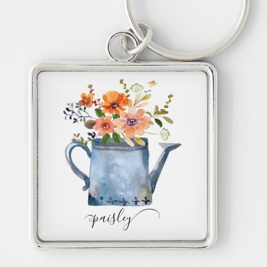 Boho Rust Orange Watercolor Flowers Watering Can Sleutelhanger (Voorkant)