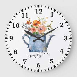 Boho Rust Oranje Waterverf Flowers die kunnen zwem Grote Klok