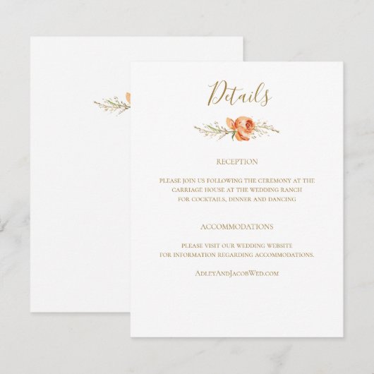 Boho Rust Sinaasappel Floral Wedding Details Card Informatiekaartje (Voorkant / Achterkant)