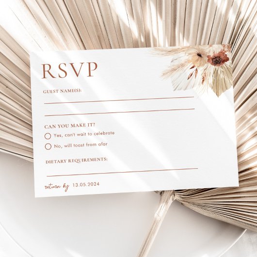 Boho Rust Terracotta Bruiloft RSVP Briefkaart