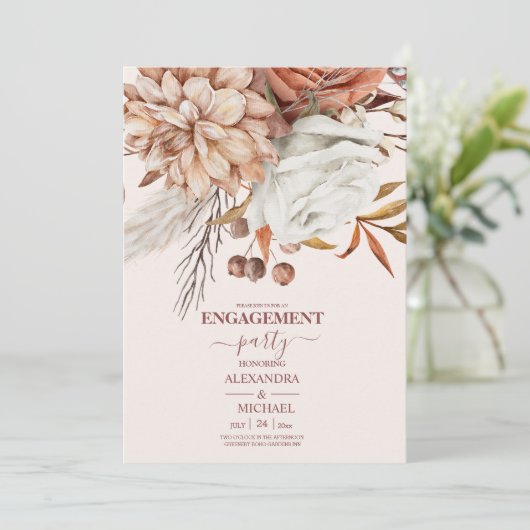 Boho Rust Terracotta Dried Fan Flowers Verloving Kaart (Staand voorkant)