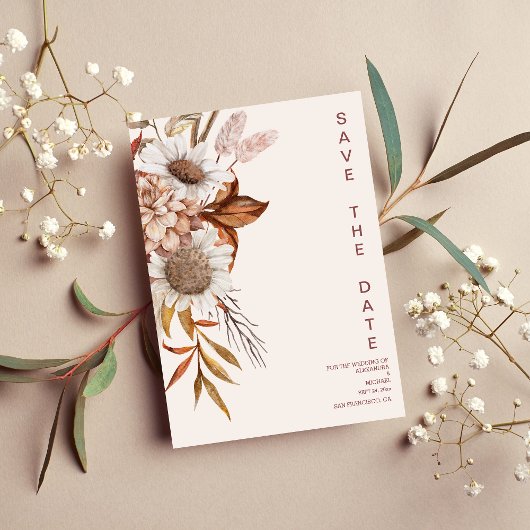 Boho Rust Terracotta Dried Fan Flowers Wedding Sav Save The Date