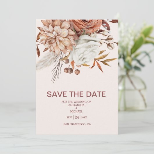 Boho Rust Terracotta Dried Fan Flowers Wedding Save The Date (Staand voorkant)