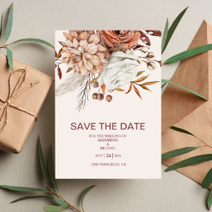 Boho Rust Terracotta Dried Fan Flowers Wedding Save The Date