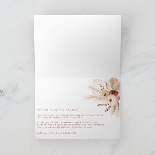 Boho Rust Terracotta Pampas Photo Wedding Bedankkaart (Binnen)