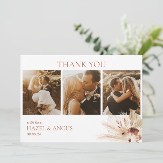 Boho Rust Terracotta Pampas Photo Wedding Flat Bedankkaart (Staand voorkant)