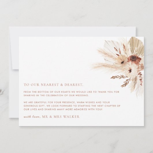 Boho Rust Terracotta Pampas Photo Wedding Flat Bedankkaart (Achterkant)