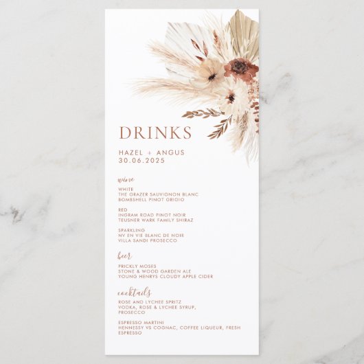 Boho Rust Terracotta Pampas Wedding Menu & Drinken (Achterkant)