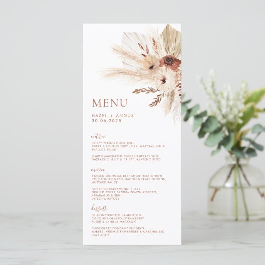 Boho Rust Terracotta Pampas Wedding Menu & Drinken (Staand voorkant)