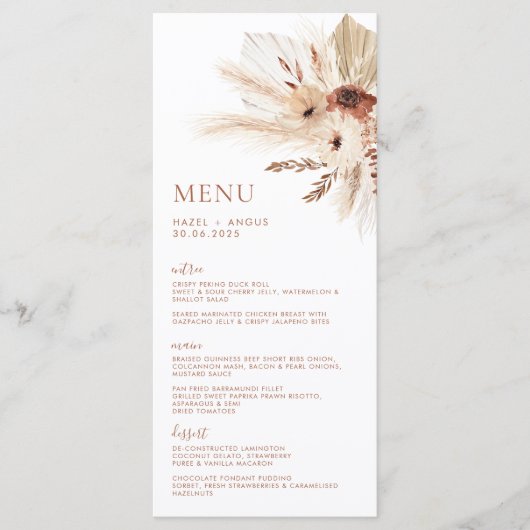 Boho Rust Terracotta Pampas Wedding Menu & Drinken (Voorkant)
