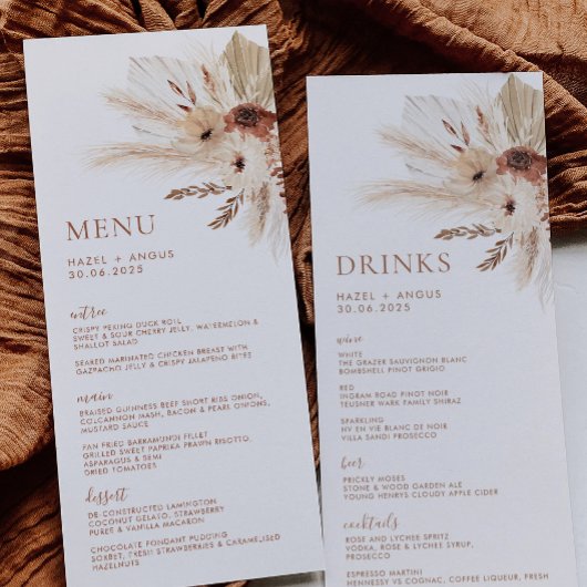 Boho Rust Terracotta Pampas Wedding Menu & Drinken