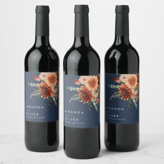 Boho Rust Waterverf Bloemen Navy Blauw Bruiloft Wijn Etiket (Flessen)